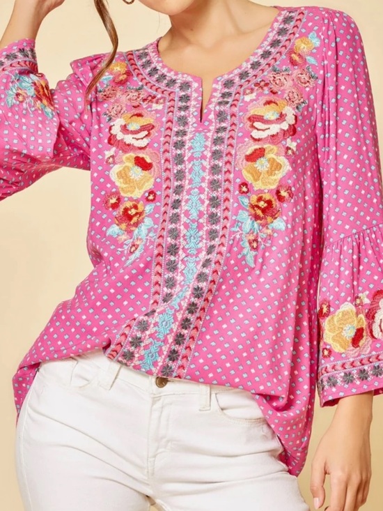 Savanna Jane Tops - Savanna Jane Pink Embroidered Floral Tunic Top